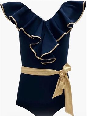 Navy One-Piece Girls Swimsuit with Gold Trim and Sash